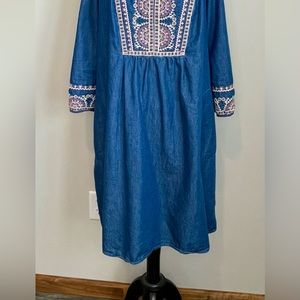 JJill Embroidered Indigo Dress with Pockets